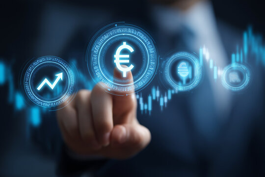 Financial analyst evaluates global fintech investment trends ,currency symbols, stock charts, approval checkmark, representing digital banking, secure transactions, compliance, market growth