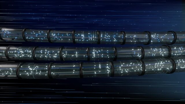 4K Abstract 3D Seamless Loop of Data Particles and Energy Streams Flowing through Transparent Pipeline Infrastructure. Ideal for High-Speed Connectivity and Digital Transformation Visuals.