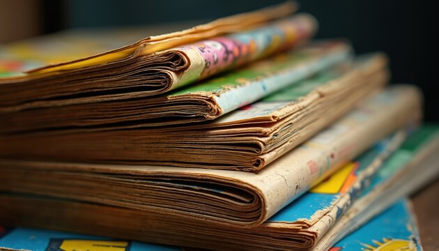 Stack of old comic books with colorful covers and worn pages. Pages are yellowed and creased showing age. Books show vintage art and graphic design.