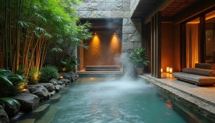Naklejka premium Japanese spa oasis features tranquil pool with steam, bamboo garden, and serene lounge area. Warm, inviting atmosphere promotes ultimate relaxation and well-being.