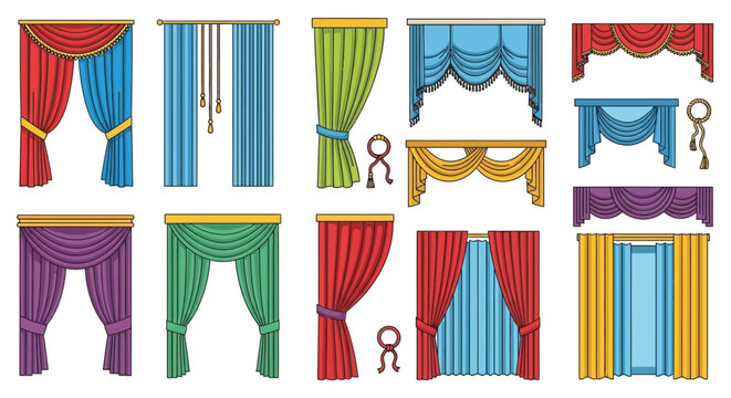 Variety of colorful curtains and decorative valances illustrated in a row