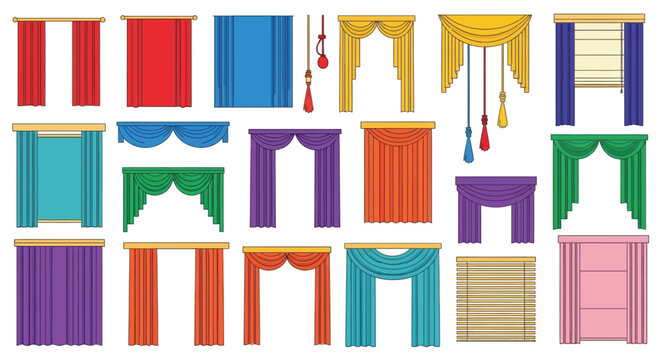 Collection of colorful cartoon curtains and window coverings displayed neatly
