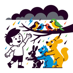 Naklejka premium Cheerful boy interacting with colorful animals under a rainy sky featuring birds on a tree branch and friendly pets in a playful flat vector illustration design concept