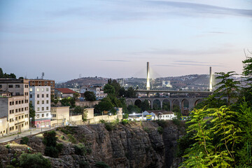Fototapeta premium Night view of Salah Bey Viaduct across the Rhummel Canyon in Constantine. Algeria