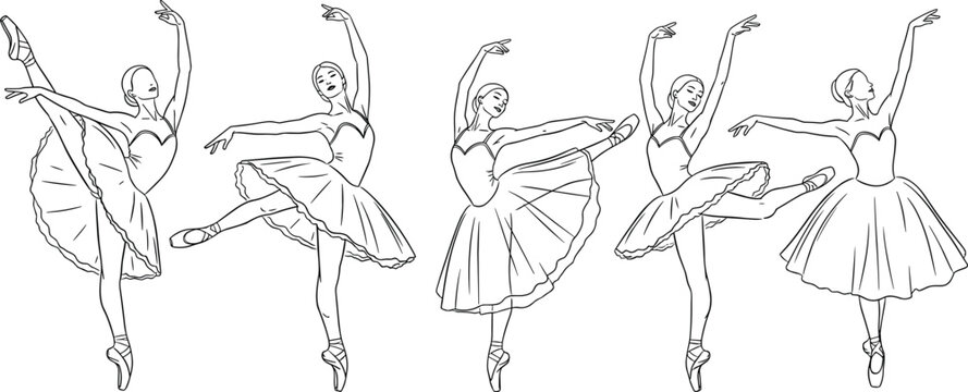 Ballet dancer outline set vector illustration, graceful ballerina poses collection, line art dance figures isolated on white background