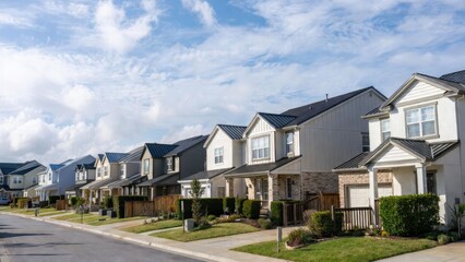 Fototapeta premium Modern suburban homes on a quiet neighborhood street beautiful day residential area peaceful scene