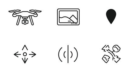 Fototapeta premium Drone Icon Collection: A set of minimalistic black and white icons featuring a drone, a landscape view on a tablet, a location marker, a directional symbol, a signal indicator, and a path route.