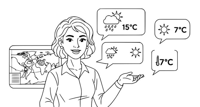 Weather forecast presentation female meteorologist reporting with temperature and climate icons