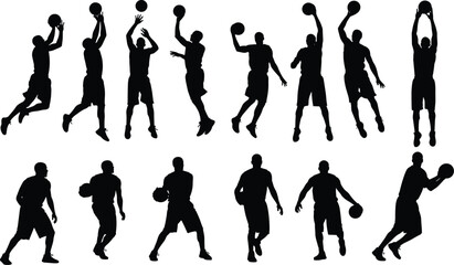 Fototapeta premium Set of basketball player silhouettes in action poses, dribbling shooting and jumping vector illustration for sports, fitness, and training design