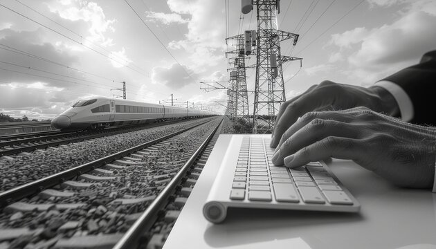 Concept de travail nomade avec clavier devant un train &agrave; grande vitesse