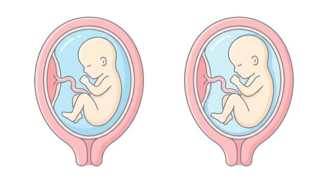 Pregnancy Symptoms and Conditions Medical Illustration Showing Fetal Development Stages Inside the Amniotic Sac