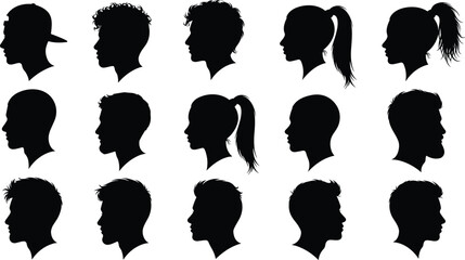 Set of human head silhouettes in profile view, diverse male and female faces vector collection for avatar, identity, and design © boishakhisarker