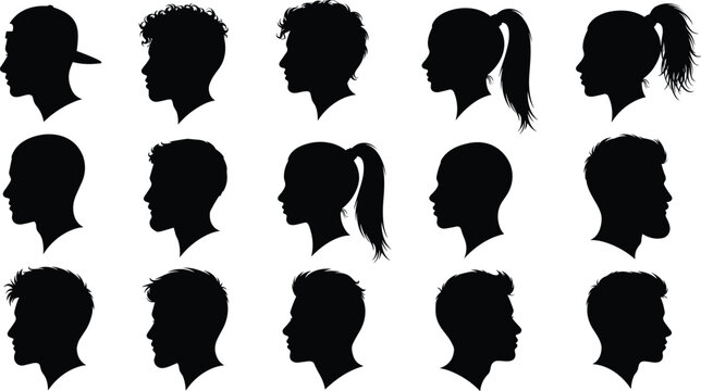 Set of human head silhouettes in profile view, diverse male and female faces vector collection for avatar, identity, and design