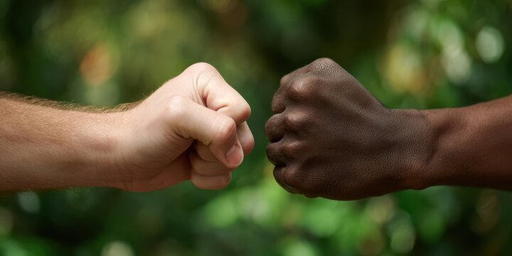 The fists bumping in a friendly gesture of unity and cooperation outdoors