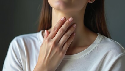 Fototapeta premium Woman touches throat with her hand. She feels pain in her neck. Sickness concept, feeling unwell. Person has sore throat or thyroid problem. Medical care needed.