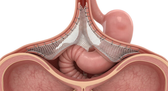 Hiatal Hernia Repair With Surgical Mesh at Diaphragm Showing Stomach and Esophagus Anatomy (3D Illustration)

