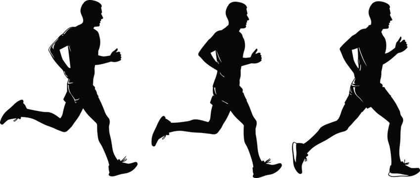 Silhouette illustrations of running motion showing stride progression, athletic speed, fitness training, and dynamic exercise icons for sports and health visuals.