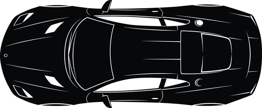 Sports car top view silhouette isolated on white background, luxury vehicle vector illustration, automotive design, modern transport concept, sleek supercar shape