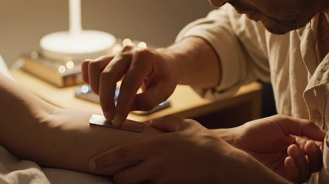 Man applies medical patch to patient arm. Hand presses silver sensor onto skin carefully. Medical treatment applies adhesive patch on arm. Man puts health strip on forearm. Skin care using smart