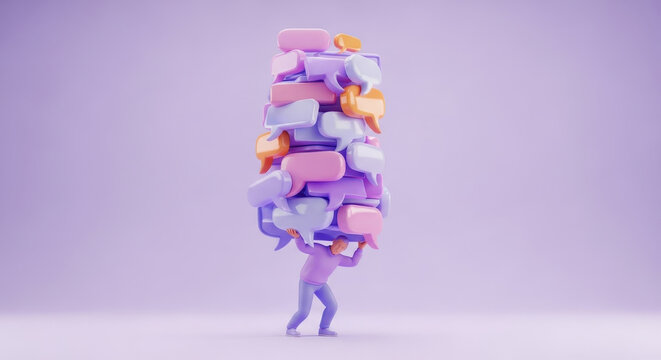 Abstract character carrying stacked speech bubbles symbolizing heavy communication flow digital messaging overload and social interaction challenges