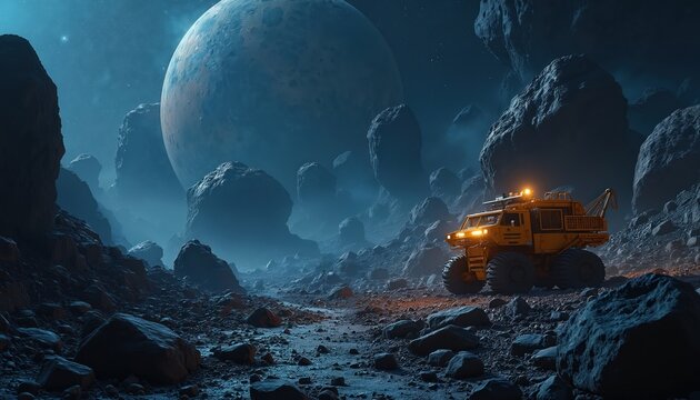 Yellow mining vehicle drives on rocky asteroid surface. Giant planet looms in misty deep space sky. Futuristic robot explores barren alien terrain for minerals, seeking resources.
