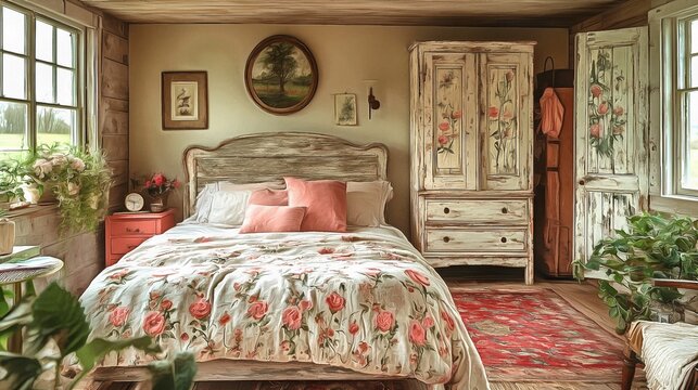 A shabby chic style bedroom with distressed furniture pastel tones and floral patterns creating a soft and romantic vibe interior