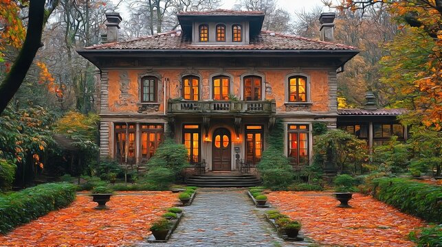 Detached house building in Romanesque style architecture in an suburban area environment