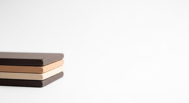 Stack of four neutral-colored thin square objects on a white background