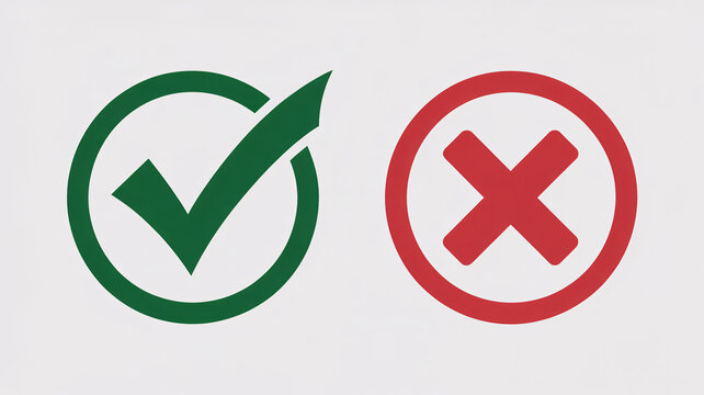 A green checkmark and a red X on a white background