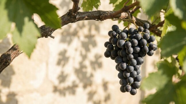 Sunlit grapes picture showing a ripe ebony bunch hanging beneath vineyard leaves, framed by twisting branchwork, soft wall shadows, warm seasonal glow, and serene rustic orchard character outdoors