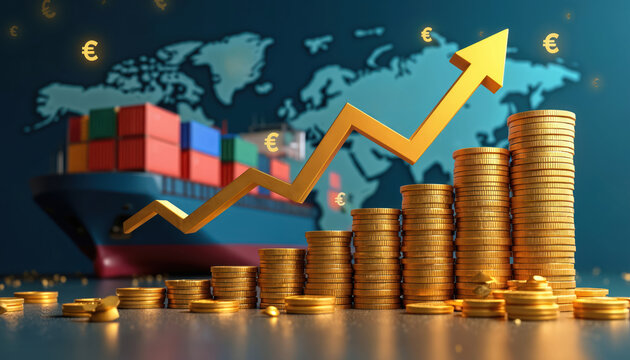 Cargo ship moves across world map with rising stacks of gold coins and euro symbols. Global trade and finance shows positive economic growth and profit increase.