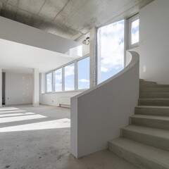 Intérieur de loft moderne et vide avec escalier courbé en béton