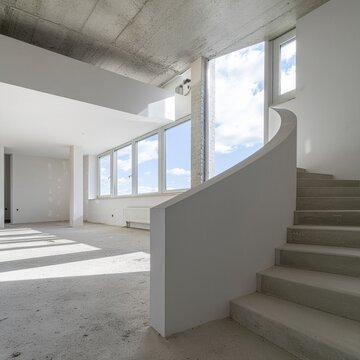 Int&eacute;rieur de loft moderne et vide avec escalier courb&eacute; en b&eacute;ton