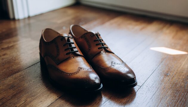 Paire de chaussures brogues en cuir marron sur sol en bois