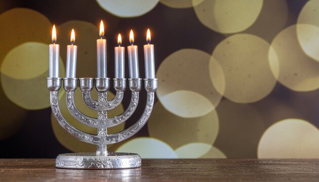 Menorah de Hanouka en argent avec bougies allum&eacute;es sur fond bokeh