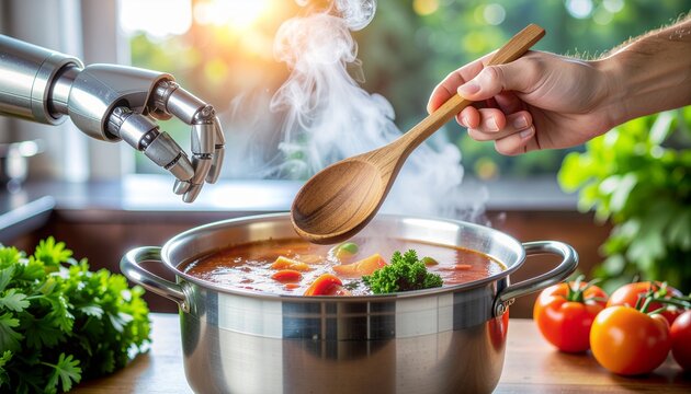 Main de robot et main humaine cuisinant ensemble une soupe de l&eacute;gumes