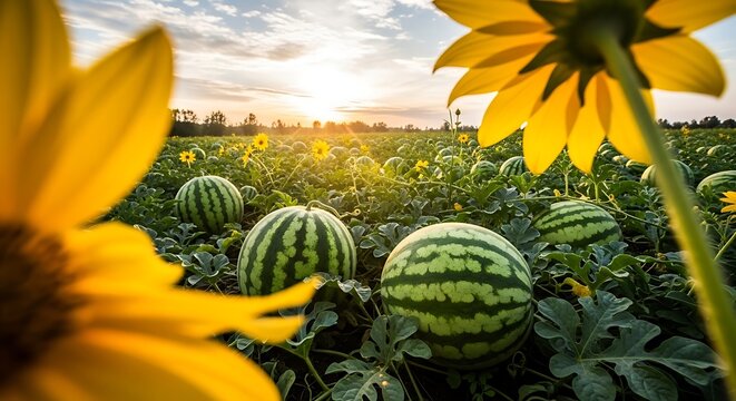 Vibrant Field of Watermelons and Sunflowers Under a Golden Sunset Sky.