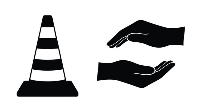 Traffic cone and offering hands depicted in stark black silhouette