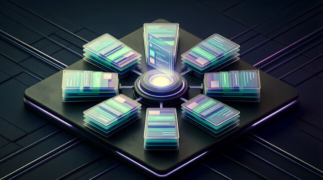 AI API Reference Generator Isometric 3D Visualization with Radial Endpoint Cards for Enterprise API Technology