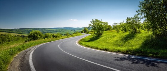 Fototapeta premium The winding road curving through green rolling hills under a bright blue sky