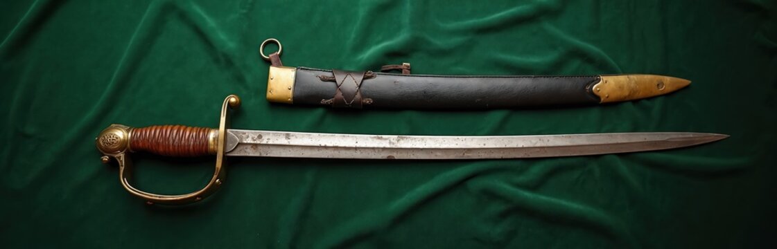 Old Russian army sabre with leather scabbard rests on green velvet. Weapon features ornate brass guard and wire-wrapped grip. Antique steel blade shows signs of age and use.
