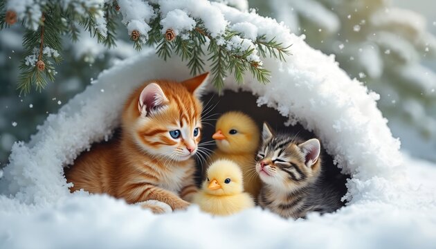 Two kittens and two chicks huddle together for warmth in snow. Adorable baby animals seek shelter under a pine tree branch in a winter forest. Wholesome friendship and early childhood wonder.