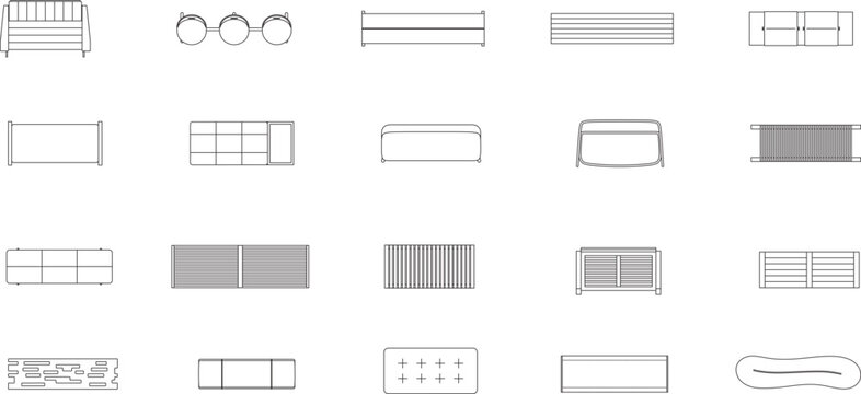 set of benches, furniture icons, top view, interior design, architectural, floor plan, blueprint, customizable stroke, vector