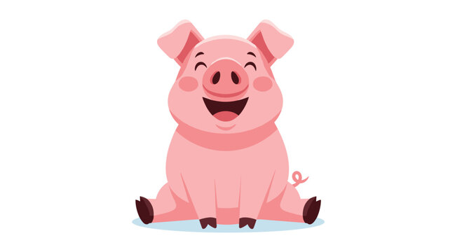 Joyful pink pig character sitting and laughing with its eyes closed showing a big smile and curly tail on a simple white backdrop.