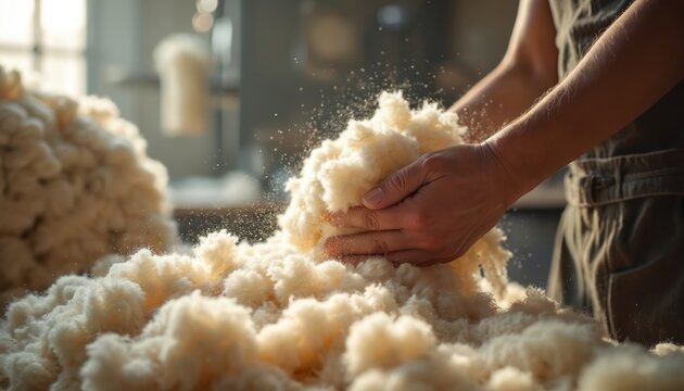 Close up hands inspecting fluffy raw wool. Worker checks quality of natural fiber material. Process of textile production in workshop with soft light. Clean unprocessed wool substance.