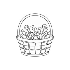 Fototapeta premium Halloween basket with candy one line drawing. Continuous line art vector illustration. Minimalist trick or treat sweets concept isolated on white background