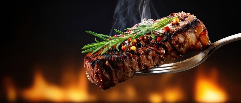 The Steak on a Fork with Rosemary Pepper and Smoke over Fiery Background