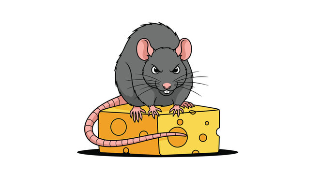 Grumpy cartoon rat with a long tail standing on top of a big piece of yellow swiss cheese with holes on a white background.