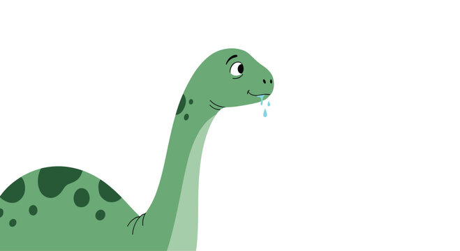 Curious long neck green dinosaur with dark spots and a small drop of drool looking to the side in a cute cartoon style on white.