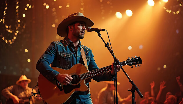 Man in cowboy hat sings song playing guitar on concert stage. Audience cheers enthusiastically under warm stage lights. Live country music band performs, energetic atmosphere.